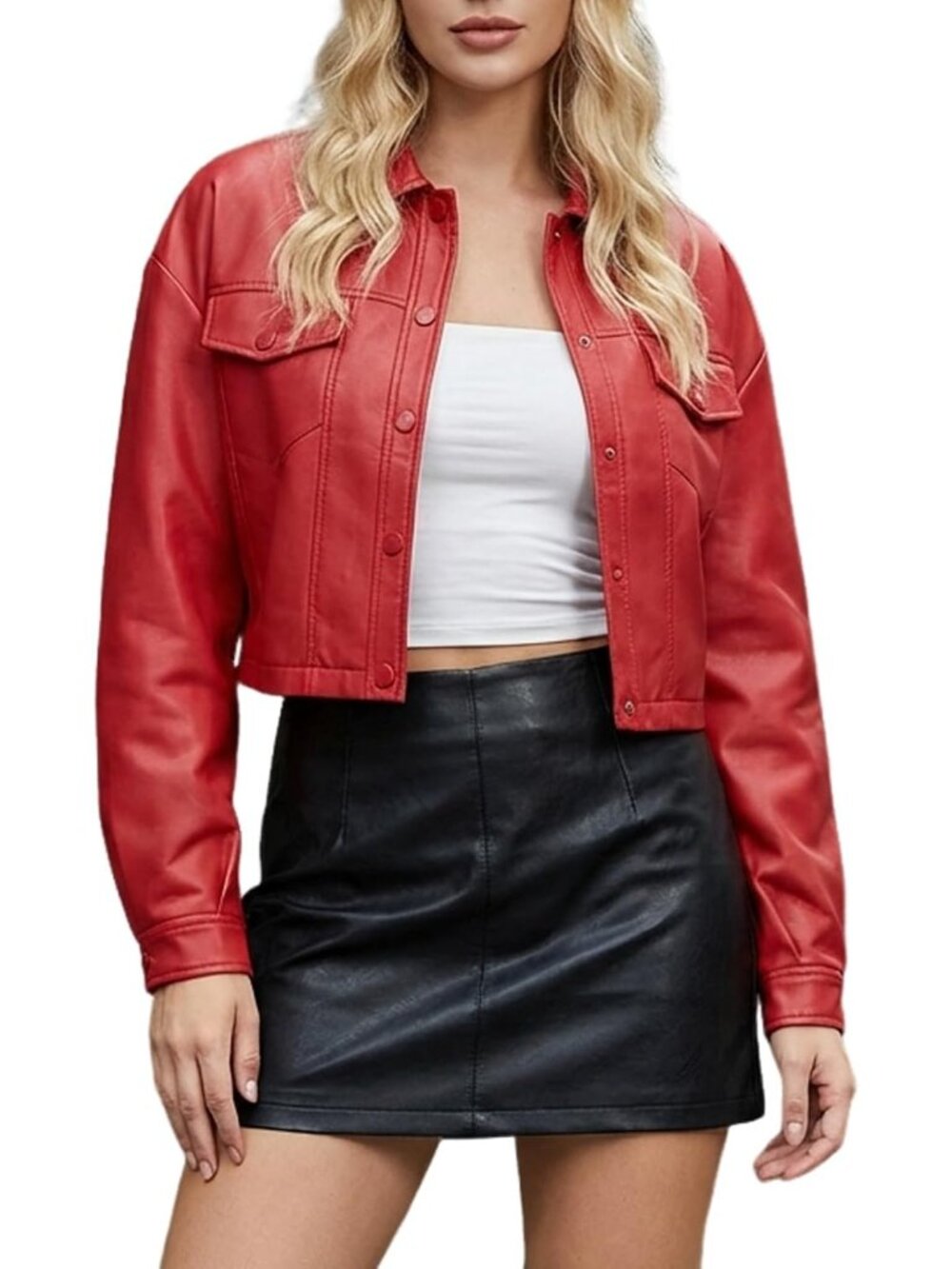 Women’s Red Faux Leather Cropped Moto Biker Jacket Short PU Coat